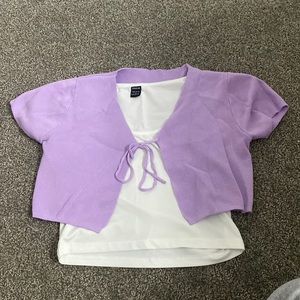 white crop top with purple tie front cardigan